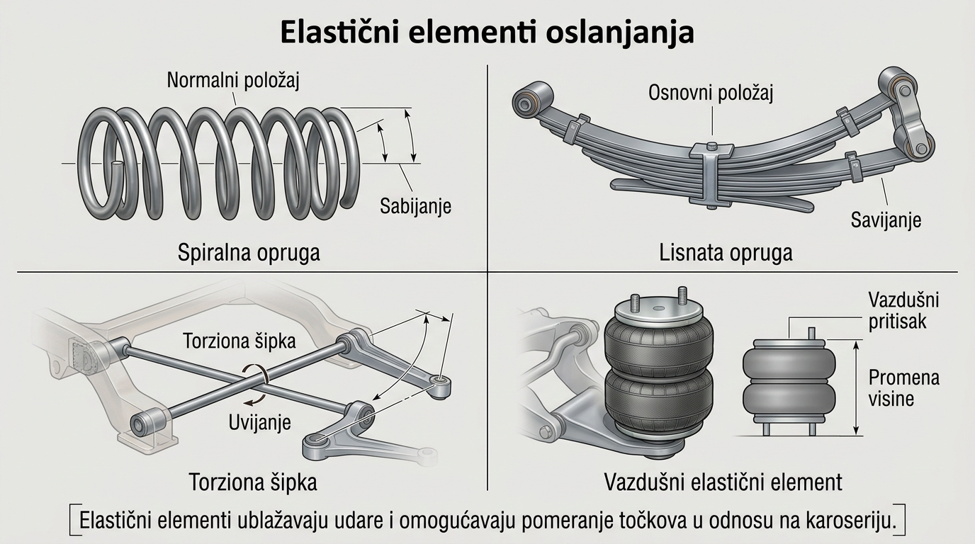 Primeri zavojne opruge, lisnate opruge, torzionog štapa i pneumatskog elastičnog elementa
