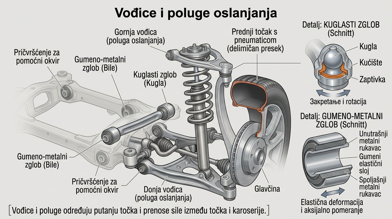 Primeri poprečnih, uzdužnih i kosih vođica koje određuju putanju točka