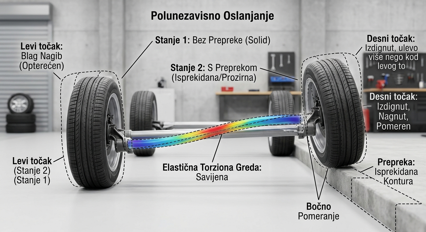 Poređenje položaja torzione grede kada su oba točka na ravnom putu i kada jedan točak prelazi preko prepreke
