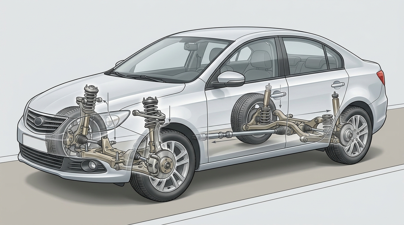 Ilustracija sistema za oslanjanje između točka, osovine i karoserije motornog vozila